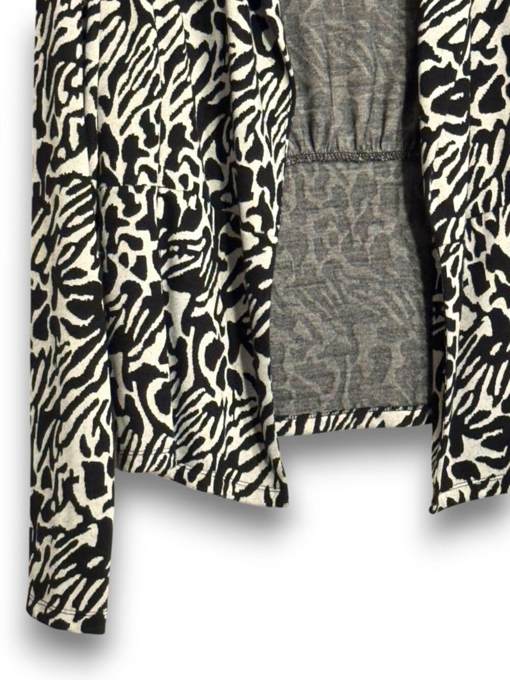 Cato Women’s Size XL Open Front Jacket Animal Abstract Print Black White Knit Bl - Picture 2 of 10